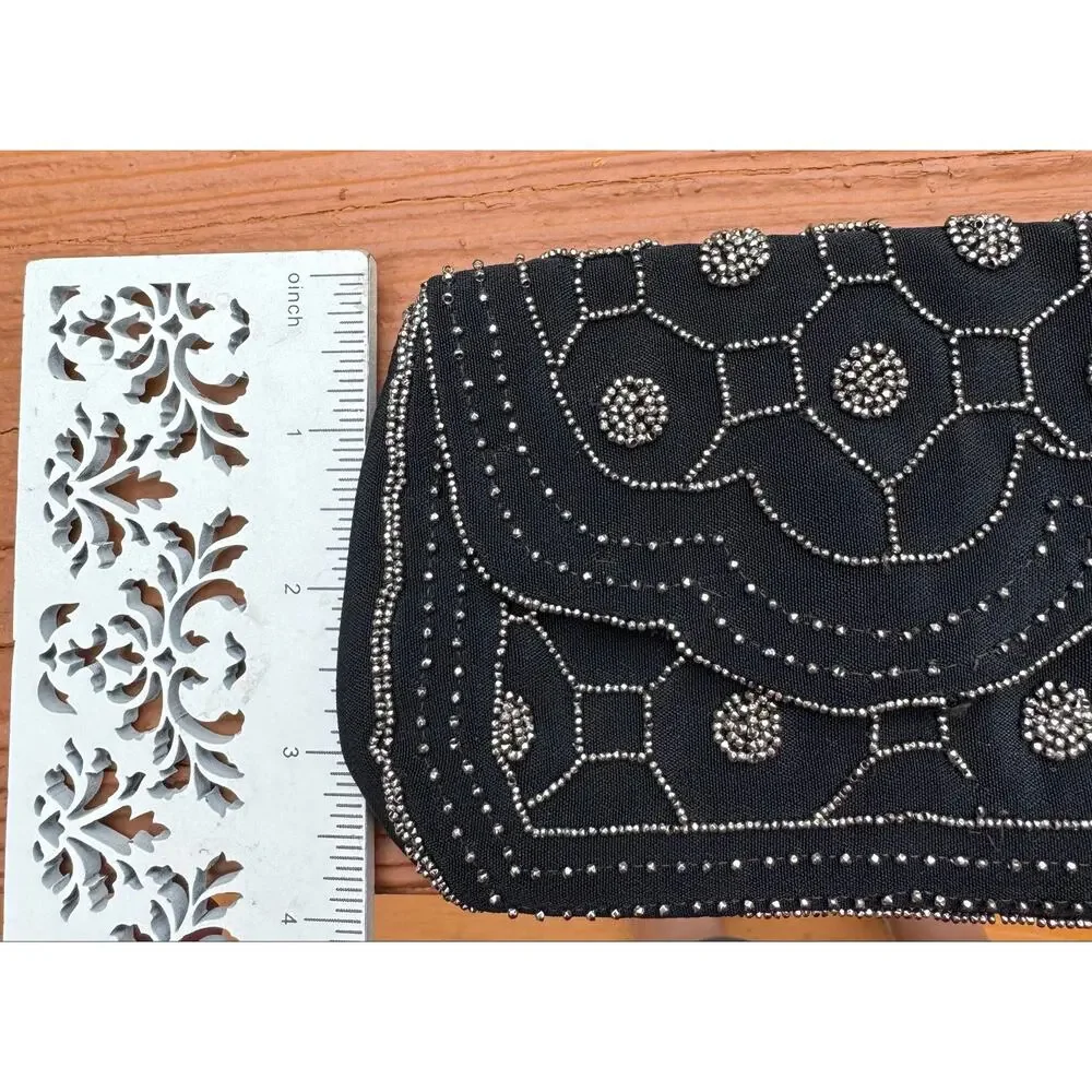 Vintage art deco beaded Black Silver flapper style clutch belt bag handmade 20s